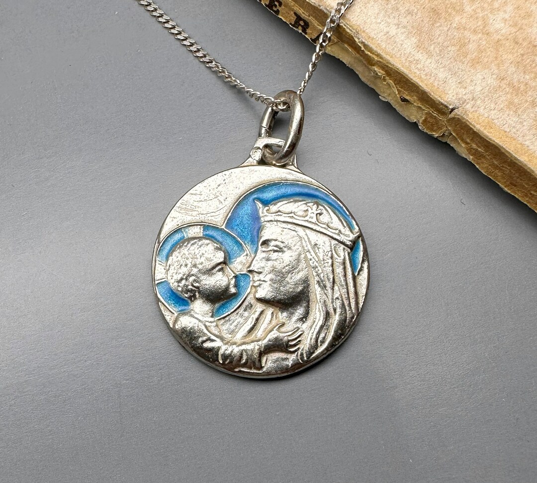 15" Sterling Virgin Mary Necklace, French Madonna and Child Medal - Etsy