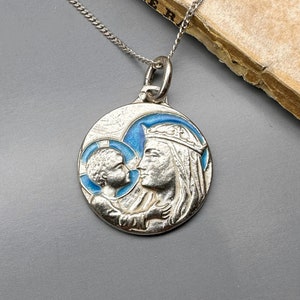15&quot; Sterling Virgin Mary Necklace, French Madonna and Child Medal