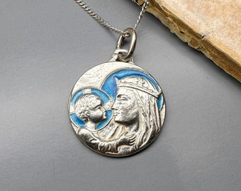 15" Sterling Virgin Mary Necklace, French Madonna and Child Medal