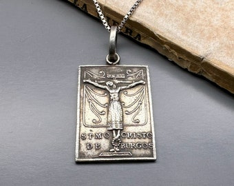 Antique Christo de Burgos Pendant, Silver Spanish Religious Necklace