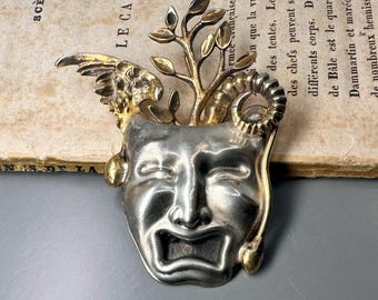 Vintage Silver Hypnos Mask Medallion: Winged Sleep God, Commedia dell’Arte