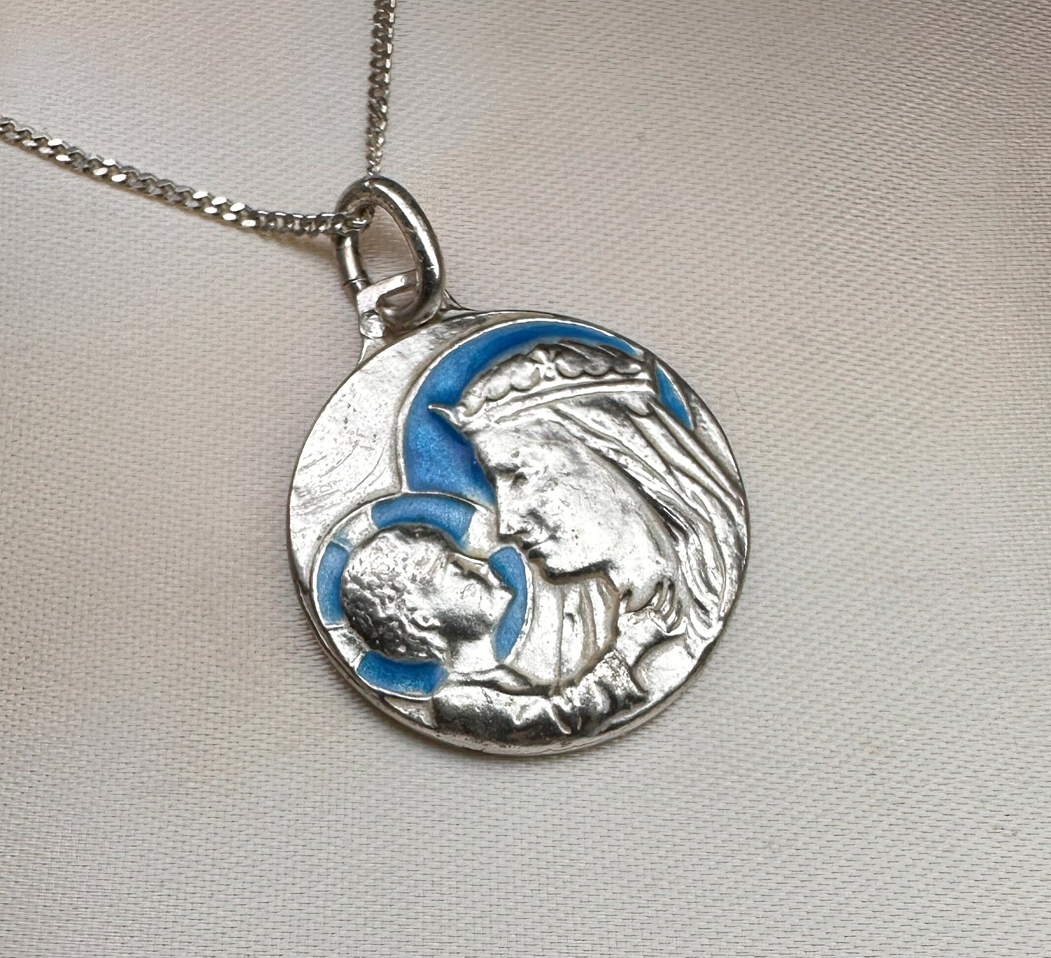 15" Sterling Virgin Mary Necklace, French Madonna and Child Medal - Etsy