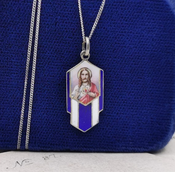 17" Sterling Jesus Necklace, Vintage Enamel Jesus