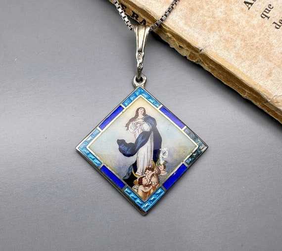 Pendentif Médaille Ancien En Argent Massif 925 - Vierge Religieuse Avec émaux Bleus - Pièce D'occasion Portée