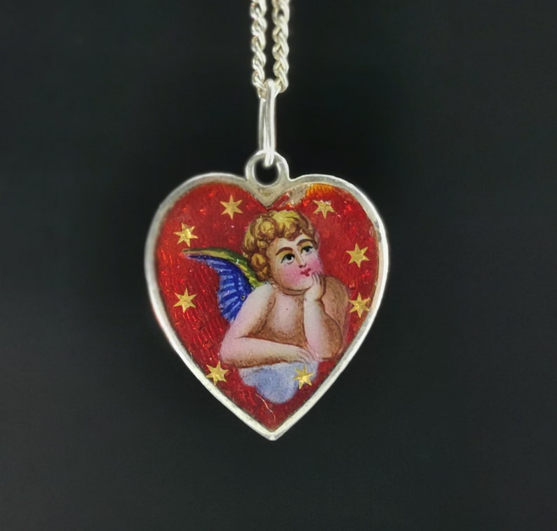 Antique German Guardian Angel Charm, Red Enamel Heart Shaped Ang