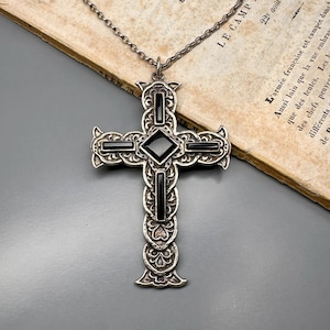 Solid Silver Cross, Black Stone Crucifix Pendant Necklace, German Religious Jewelry