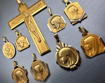 Vintage French Virgin Mary Medal: Religious Gold-Plated Charm