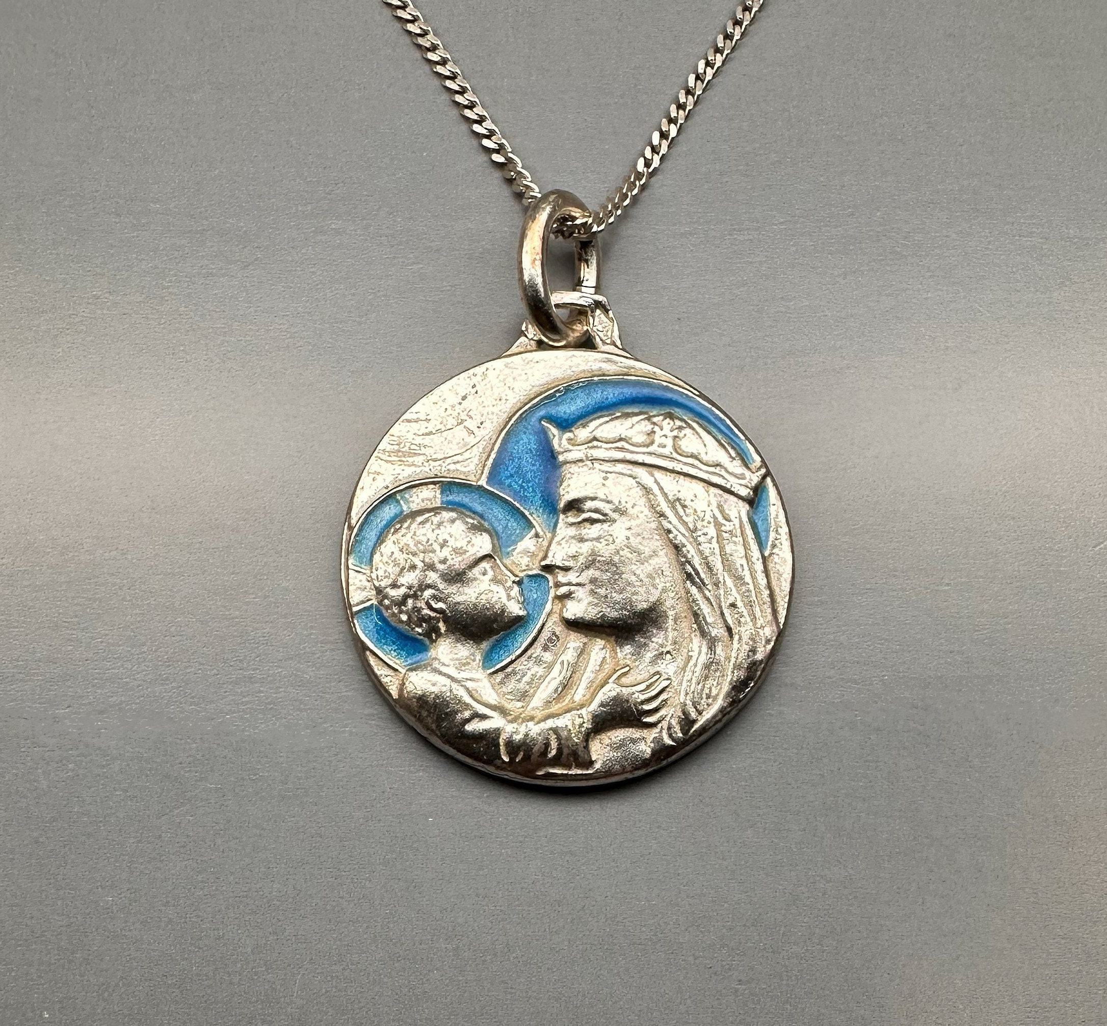 15" Sterling Virgin Mary Necklace, French Madonna and Child Medal - Etsy