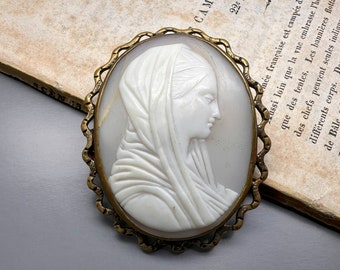 Antique Virgin Mary Brooch: German Brass & Shell Religious Pin