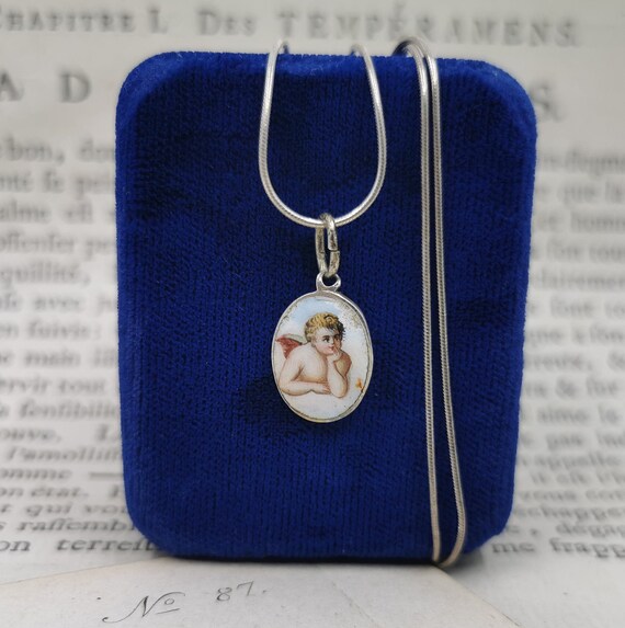 18" Silver Angel Necklace, Miniature German Religi