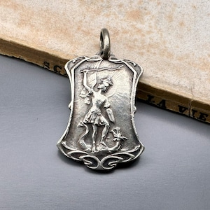Vintage French Saint Michael Medal: Silver Plated Patron Saint Pendant