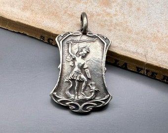 Vintage French Saint Michael Medal: Silver Plated Patron Saint Pendant