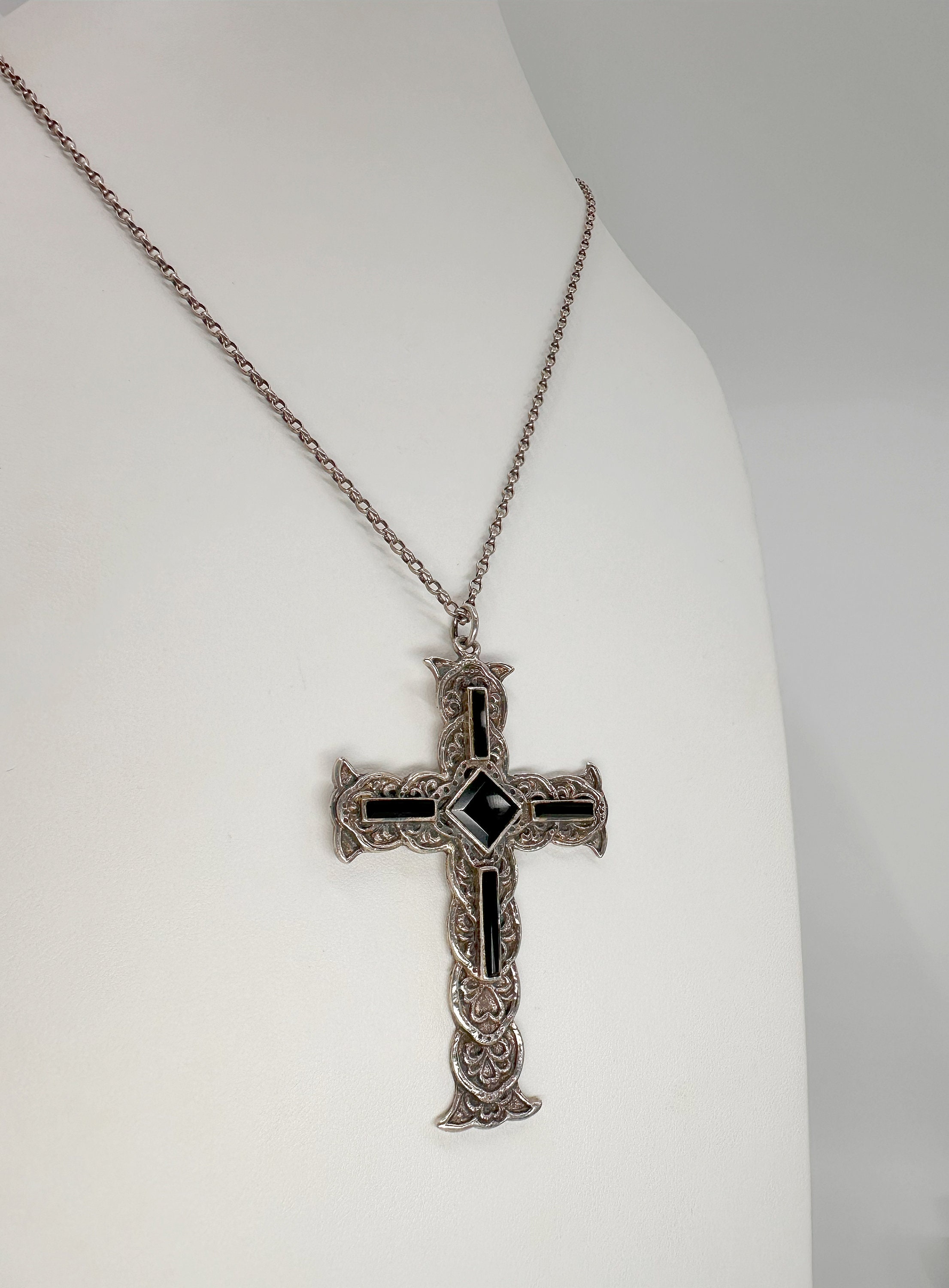 Solid Silver Cross, Black Stone Crucifix Pendant Necklace, German