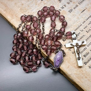 Vintage French Rosary, Purple Glass Faceted Rosary, Catholic Prayer Beads, Mother Mary Medal