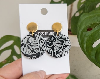 Black Botanical Print Circle Earrings | Statement Jewellery | House Plant Lover Gift