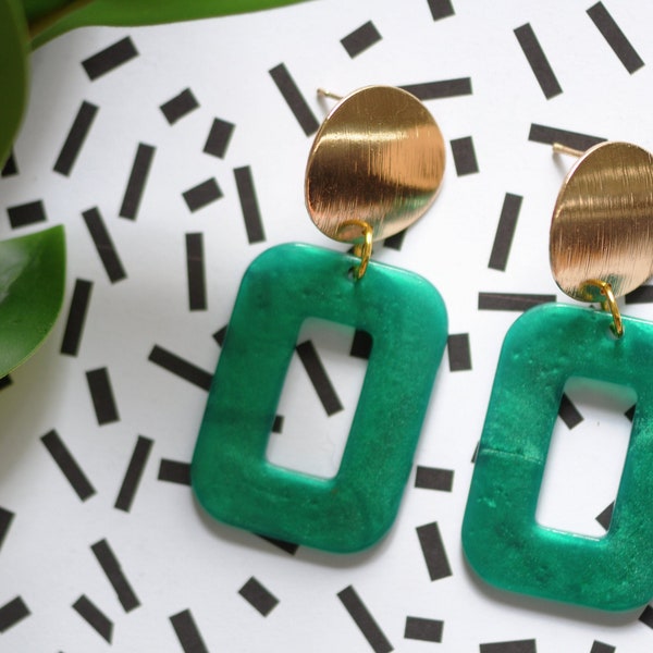 Large Emerald Green Rectangle Resin Statement Earrings | Emerald Earrings