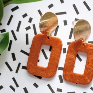 Large Burnt Orange Rectangle Resin Statement Earrings / Orange Earrings