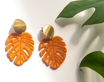 Large Burnt Orange Monstera Resin Statement Earrings / Orange Earrings / Plant Lover Gift