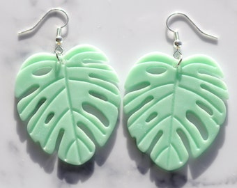 Mint Green Monstera Leaf Earrings