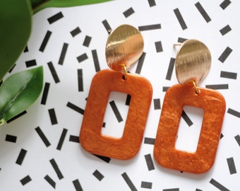 Large Burnt Orange Rectangle Resin Statement Earrings / Orange Earrings