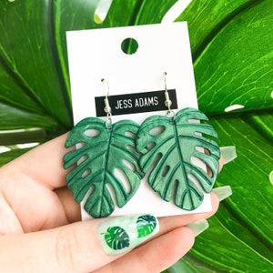 Emerald Green Monstera Leaf Statement Resin Earrings | House Plant Gift