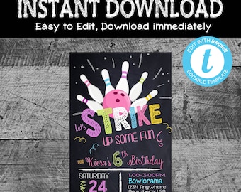Bowling Birthday Invitation |  bowling invite | Bowling  Party | Instant download | Bowling girls Birthday Party | editable bowling invite