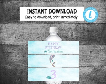 MERMAID Party Water Bottle Labels | Mermaid Birthday Party | Pink Glitter Teal | Edit Yourself | Digital Instant Download | Under the Sea