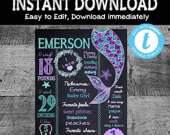 Mermaid First Birthday Chalkboard| Edit Yourself Mermaid milestone sign | Mermaid Birthday Board | Chalk|Purple Teal  | INSTANT DOWNLOAD