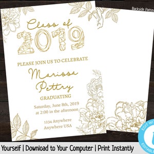Printable Graduation Invitation, Floral Graduation Announcement, Gold, Grad Party Invite, Class of 2019, Glitter, Invitation Template