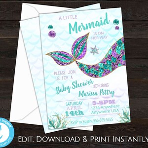 Mermaid Baby Shower Invitation, Mermaid Party, Mermaid Invitation Instant Download, Little Mermaid Is On Her Way, Mermaid Shower Invite image 1