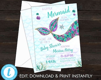 Mermaid Baby Shower Invitation, Mermaid Party, Mermaid Invitation Instant Download, Little Mermaid Is On Her Way, Mermaid Shower Invite