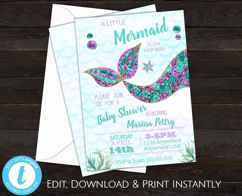 Mermaid Baby Shower Invitation, Mermaid Party, Mermaid Invitation Instant Download, Little Mermaid Is On Her Way, Mermaid Shower Invite image 1