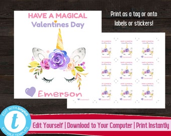 Unicorn Valentine's Day Tags, Printable Valentine Gift Label, Valentine's Day Stickers, Kids Valentine Tag, Have a Magical Valentine's Day