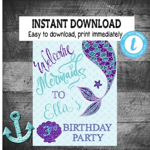 Mermaid Welcome SIGN| Edit Yourself Welcome mermaids party sign |Mermaid Decoration First  Birthday  | Purple Teal  | INSTANT DOWNLOAD