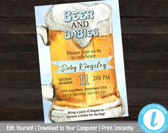 Diaper Party Invitation, Beer and Diaper Shower, Beer and Babies, Man Baby Shower, Dad To Be Shower Invite, Printable Party Invitation, Blue