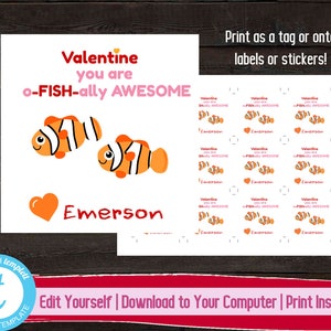 Printable Valentine&#39;s Day Tags, O-FISH-ally Awesome Valentine&#39;s Day Stickers, Valentines Gift Labels, Kids Valentine, Classroom Valentines