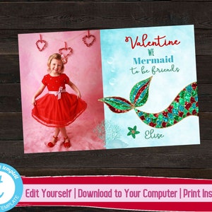 Mermaid Valentine&#39;s Day Card with Photo, Custom Photo Valentine, Printable Kids Valentines Day Card, We Mermaid to be Friends, Mermaid Tail