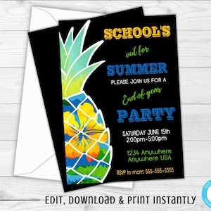 Schools Out Party, Hawaiian Party Invitations, End of The Year Party Invitation, Schools Out For Summer, Hawaiian Pineapple, Glitter, Floral