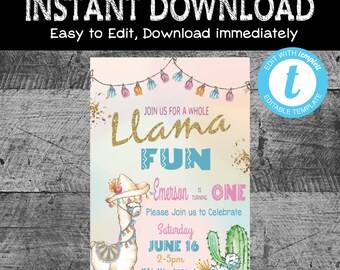 LLAMA Birthday invite | Llama invitation | Digital instant download | Edit yourself | Cactus Alpaca | Southwestern | first birthday