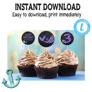 Mermaid CUPCAKE toppers | Mermaid  cupcake Toppers, Edit yourself Cupcake Labels | Mermaid First Birthday | Purple Teal  | INSTANT DOWNLOAD