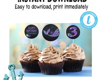 Mermaid CUPCAKE toppers | Mermaid  cupcake Toppers, Edit yourself Cupcake Labels | Mermaid First Birthday | Purple Teal  | INSTANT DOWNLOAD