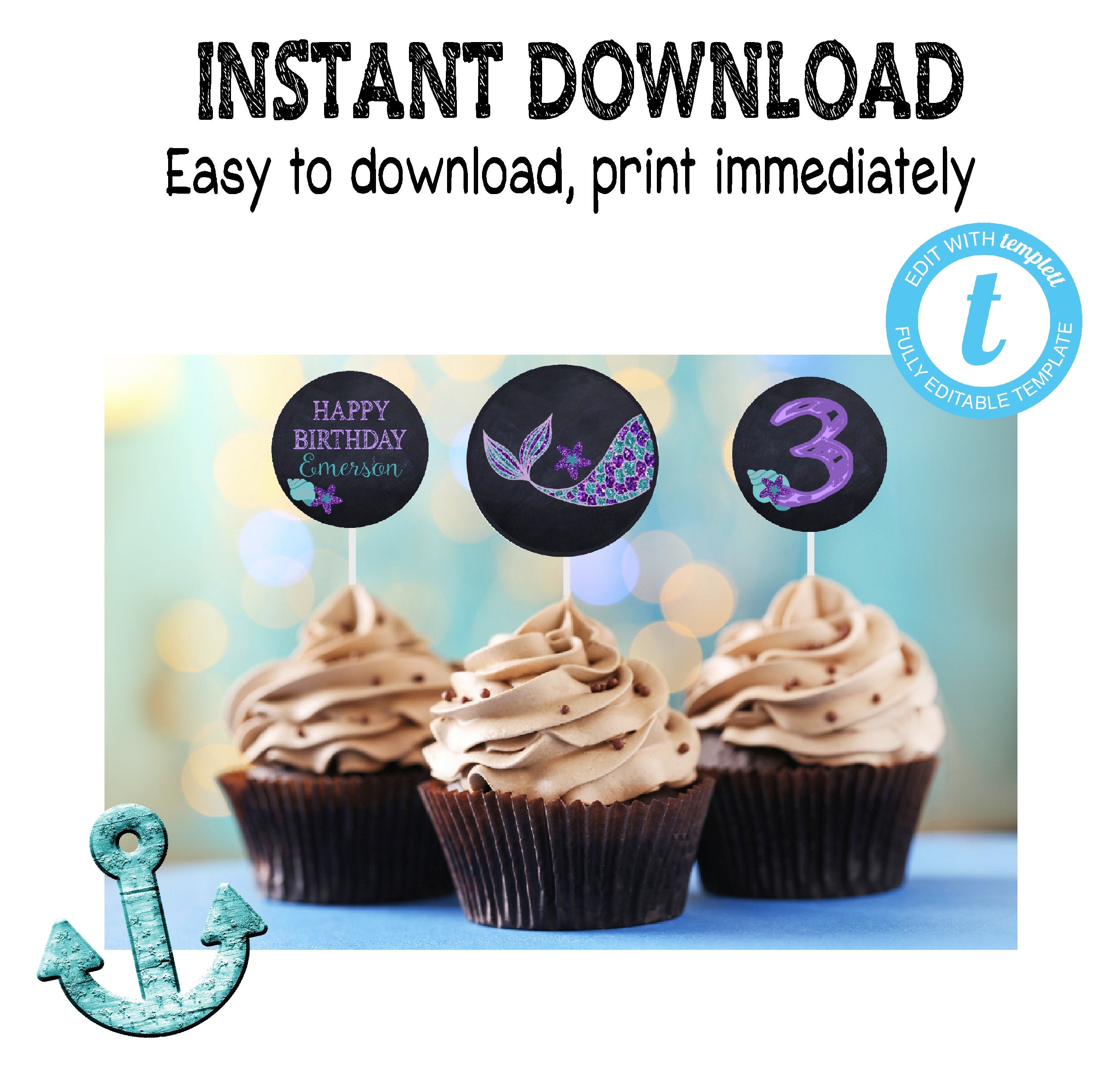 Mermaid CUPCAKE toppers | Mermaid  cupcake Toppers, Edit yourself Cupcake Labels | Mermaid First Birthday | Purple Teal  | INSTANT DOWNLOAD