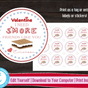 S&#39;more Valentine&#39;s Day Label, Printable Valentine Sticker, Valentines Gift Label, Printable Kids Valentine, I Need S&#39;more Friends Like You