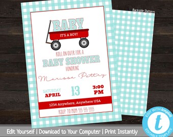 Red Wagon Baby Shower Invitation Boy, Printable Baby Shower Invite, Checkered Baby Shower Invitation, Invitation Template, Teal Baby Shower