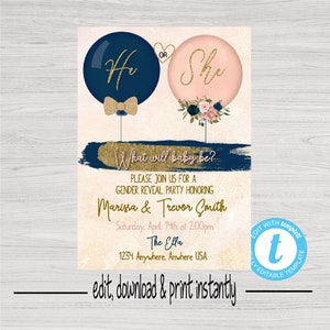 Gender Reveal Invitation, Balloon Gender Reveal, Blush Pink Navy Invite, He or She What Will Baby Be, Baby Gender Reveal Instant Download
