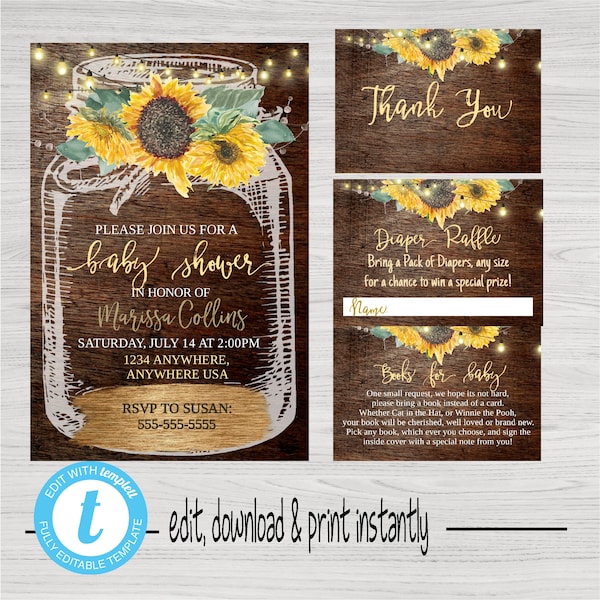 Baby Shower Invitation bundle , sunflower Baby Shower, Rustic Baby Shower, Mason Jar Invitation Thank You, Diaper raffle, Books for baby