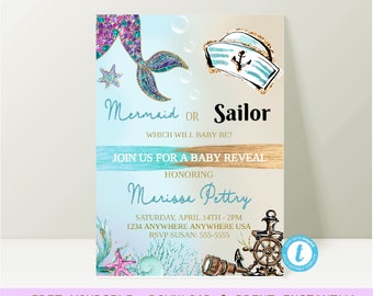 Mermaid or Sailor Gender Reveal Invitation, Mermaid or Sailor Gender Reveal Party Invite, Glitter, He or She What Will Baby be edit youself