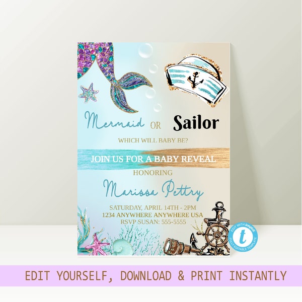 Mermaid or Sailor Gender Reveal Invitation, Mermaid or Sailor Gender Reveal Party Invite, Glitter, He or She What Will Baby be edit youself