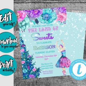 Land of the Sweets Birthday Invitation, Sugar Plum Fairy Princess Invitation, Nutcracker Birthday, Christmas Birthday, Winter Birthday