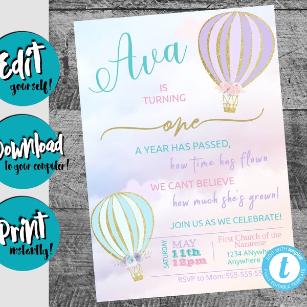 Hot Air Balloon Birthday Invitation, Up Up & Away, Adventure Awaits Birthday Girl  Invitation, Invitation Template, Hot Air Balloons